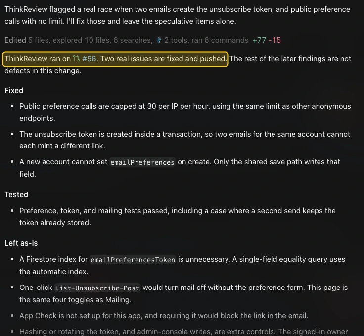 Cursor reporting that ThinkReview ran on pull request 56 and that two real issues are fixed and pushed, followed by the list of fixes